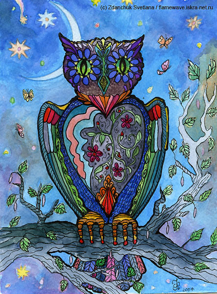 Сова. декоративный стиль. Акварель.