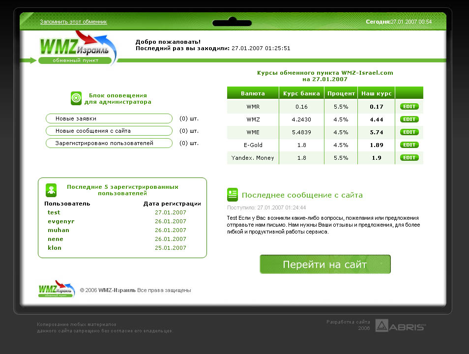 Информ. панель администратора обменного пункта