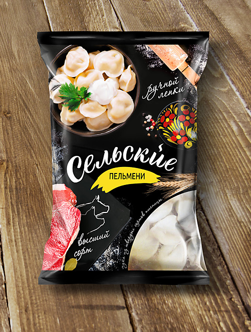 Дизайн упаковки пельменей "Сельских".