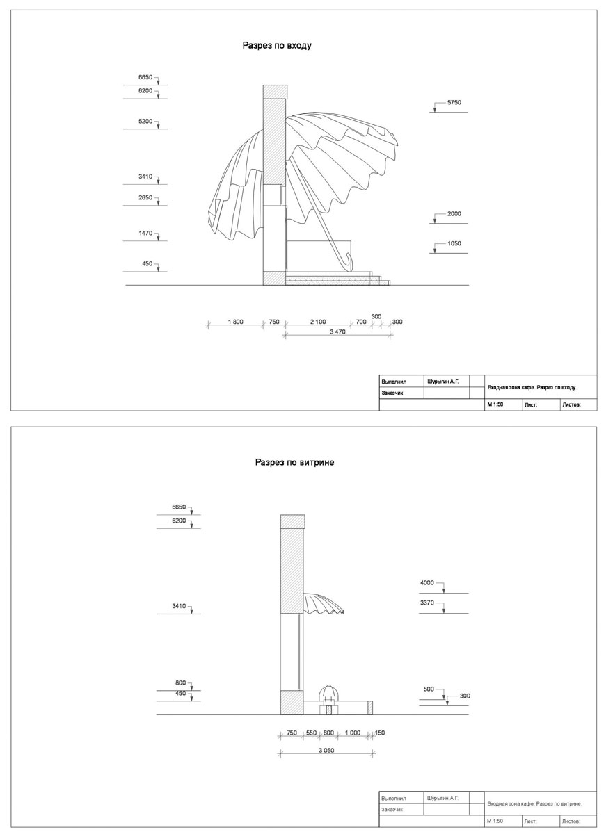 Входная зона кафе - разрезы по входу и витрине