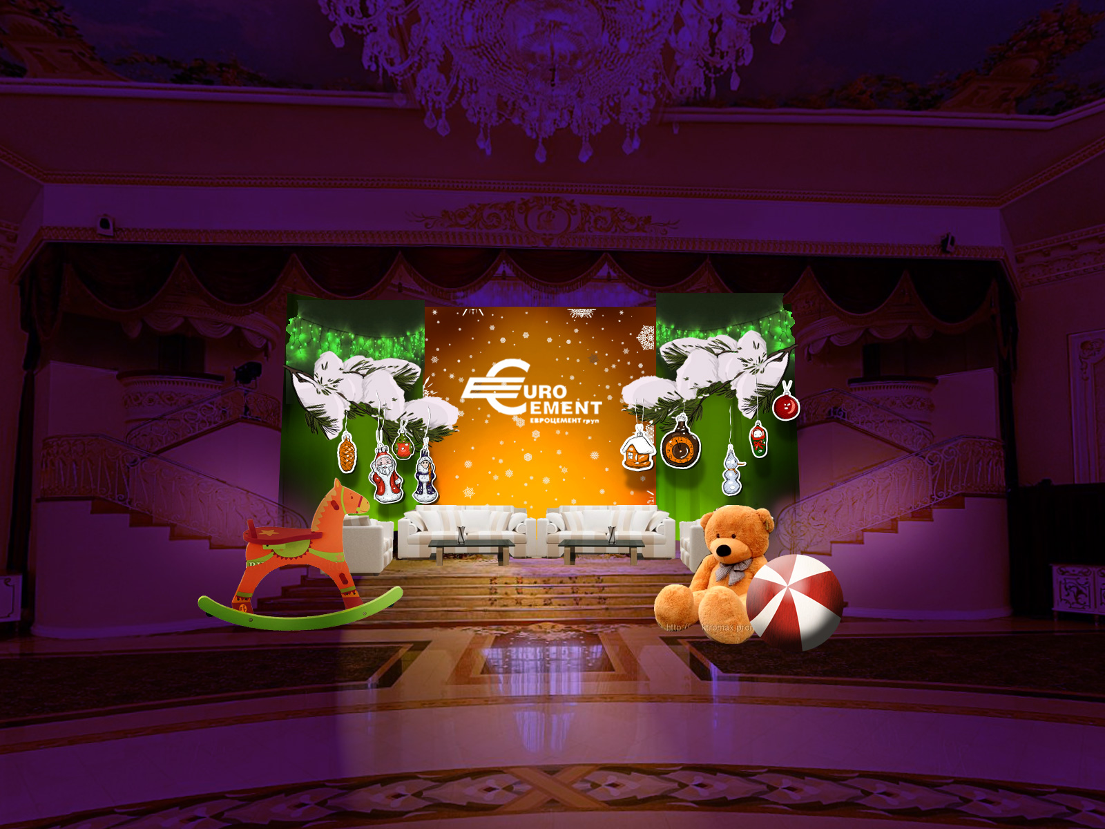 новогоднее оформление зала для корпоратива "Детская тема"