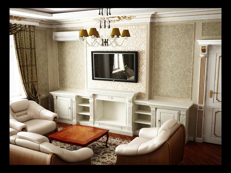 Интерьер спальни-кино в классическом стиле (вид на камин)