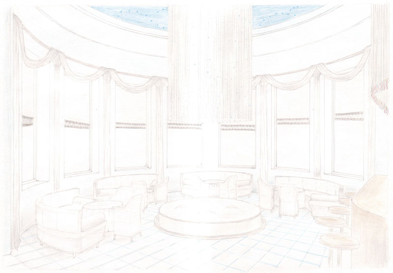 Набросок интрьера круглого зала ресторана