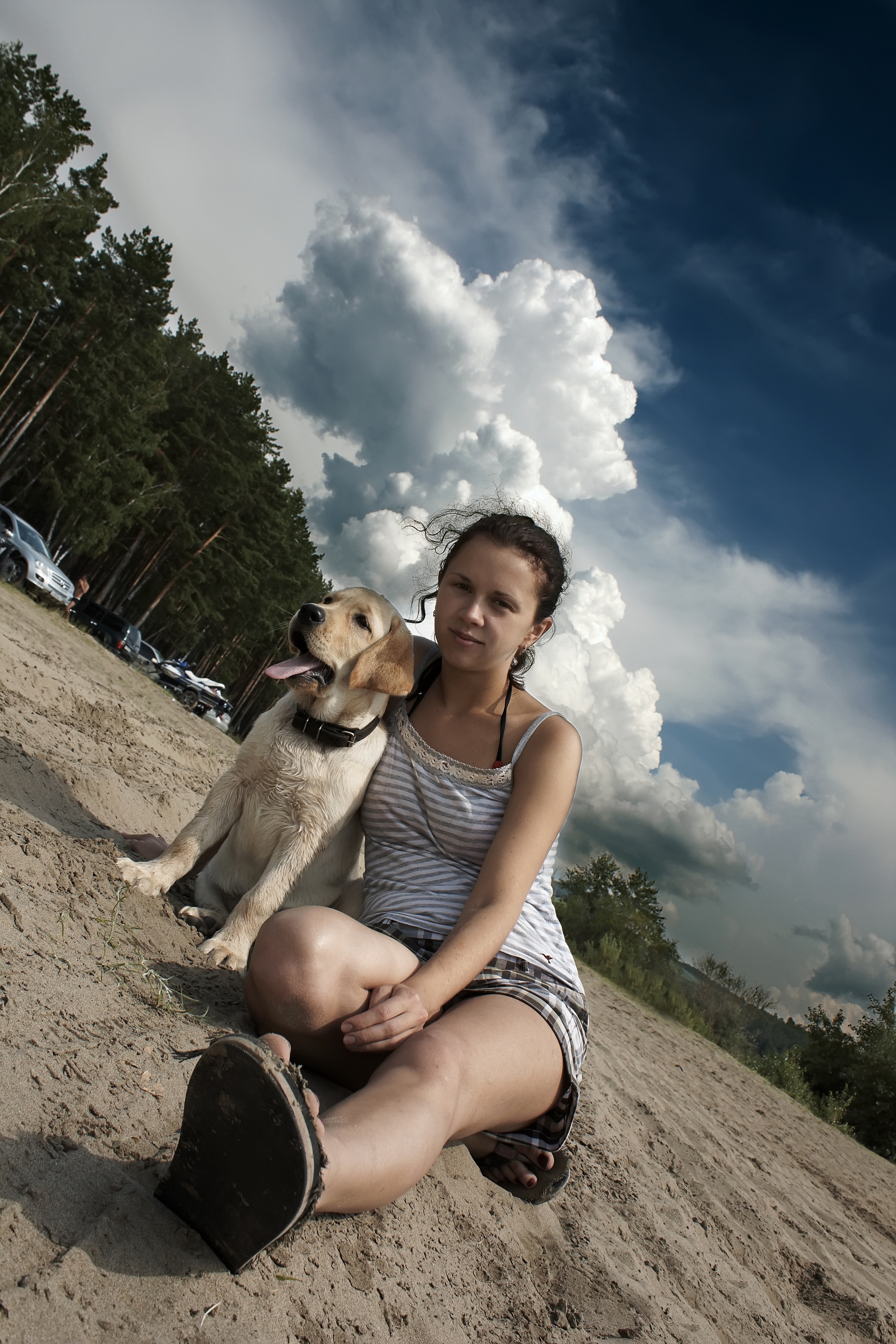 пляж.девушка.собака