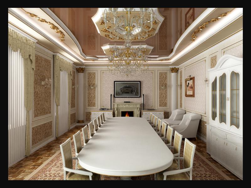 Интерьер гостиной-столовой в классическом стиле частного жилого дома