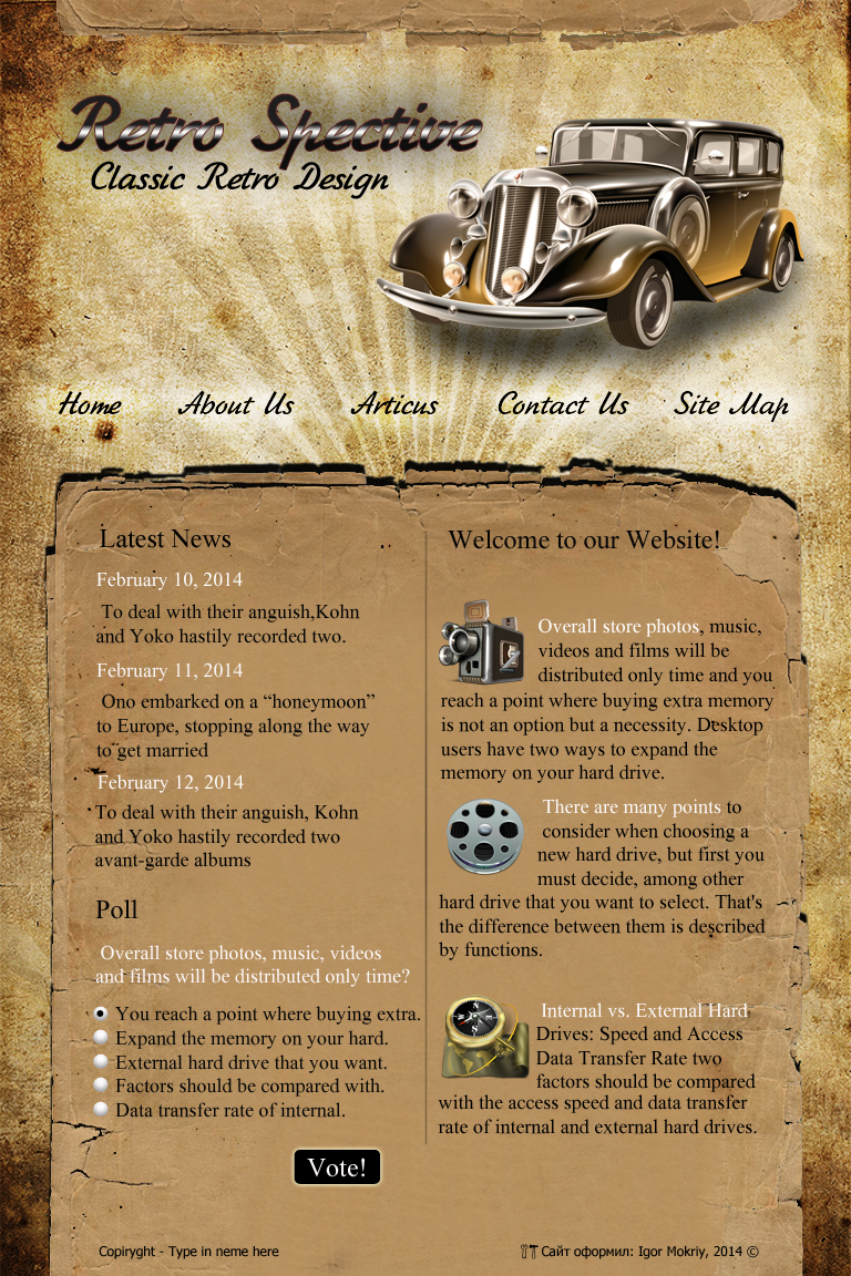Дизайн макета сайта в ретро стиле.