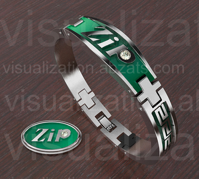 Мужской браслет и значок из белого золота с эмалью, 3D-Max, Vray