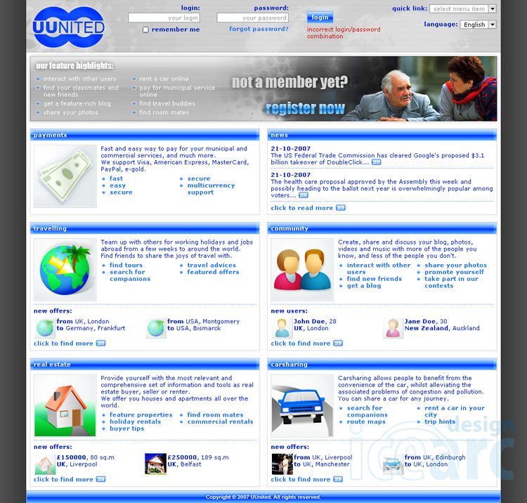 Социальная сеть UUnited, дизайн главной страницы