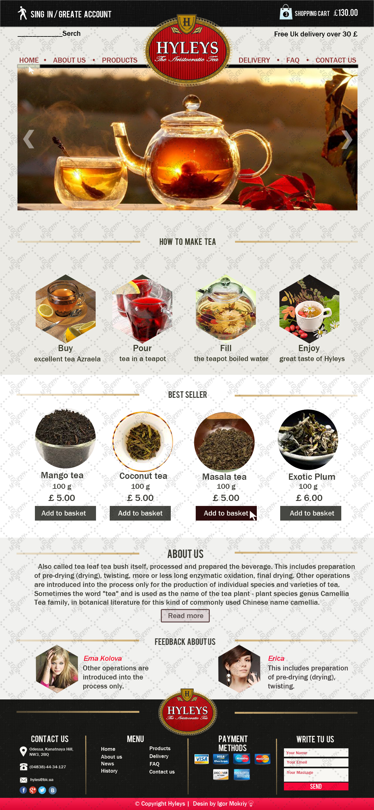 Макет сайта чайной продукции Hyleys.