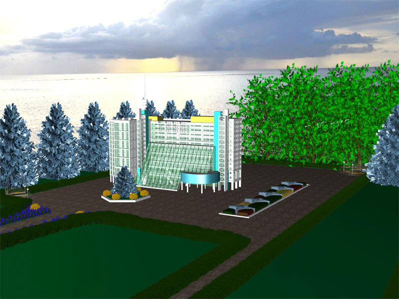 Озеленение вокруг здания.