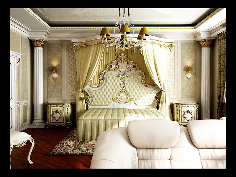 Интерьер спальни-кино в классическом стиле (вид со стороны входа)