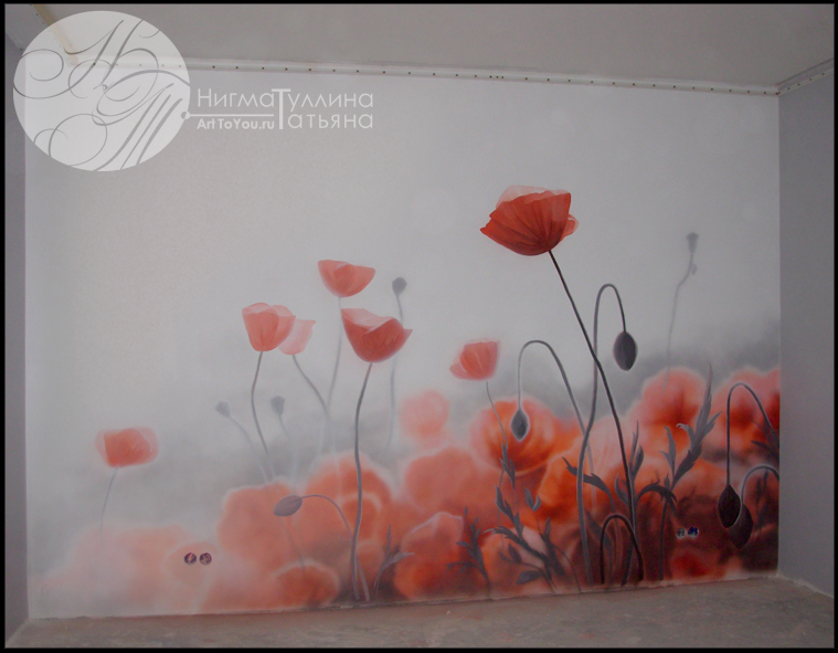 Художественная Роспись на кухне "Алые маки"