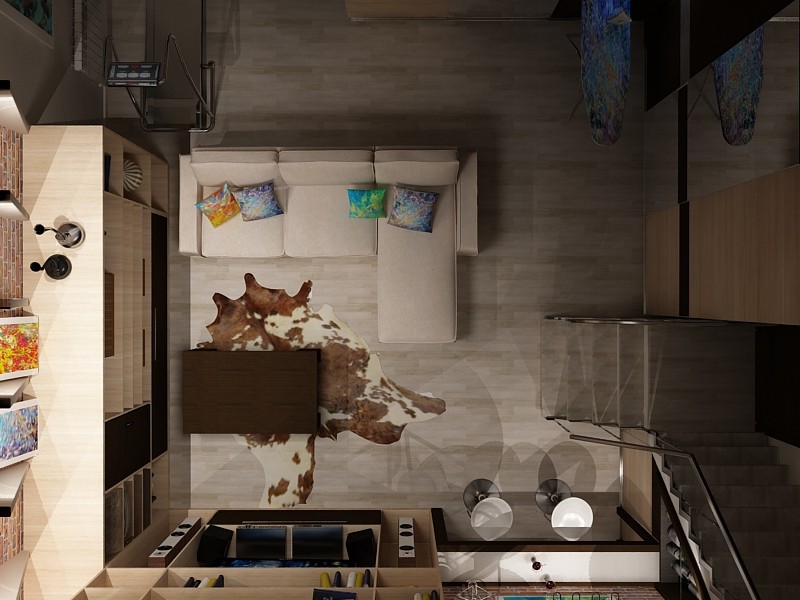 Дизайн двухуровневой квартиры(-1этаж: зона отдыха, мини спорт-зал)