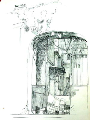 Одесский дворик. Бум., тушь, перо