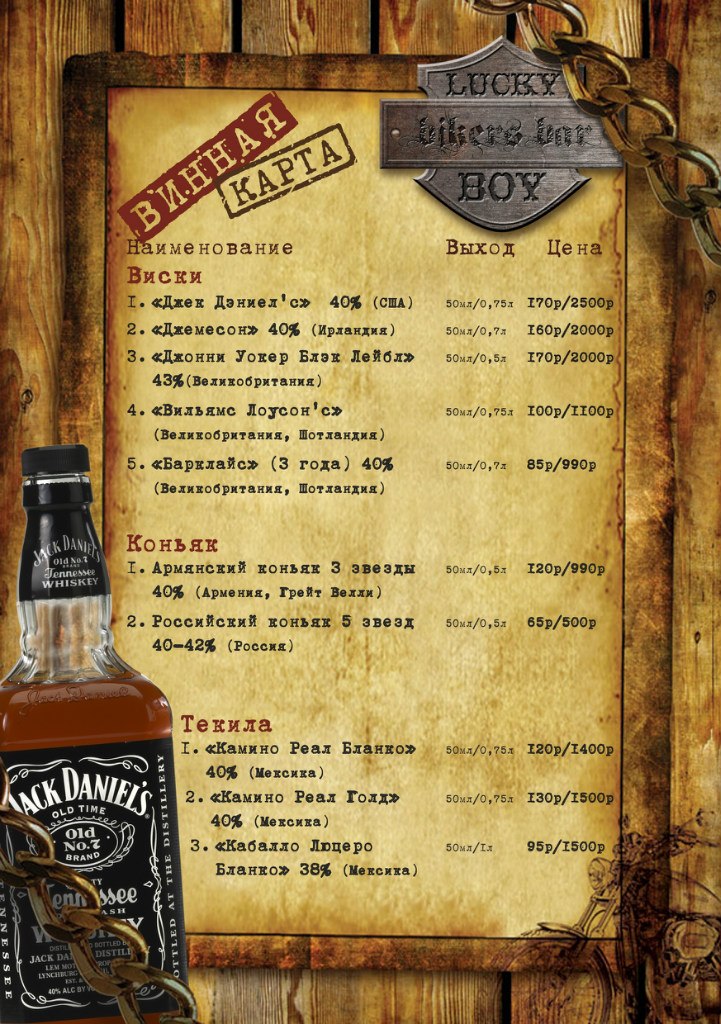 Меню байкерского бара "Lucky Boy"