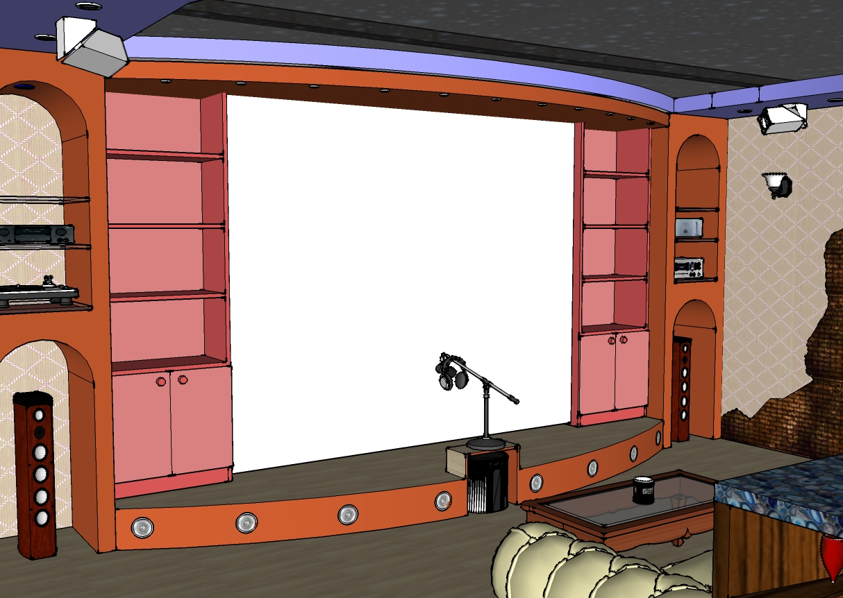 Гостиная с домашним кинотеатром, вариант с арками