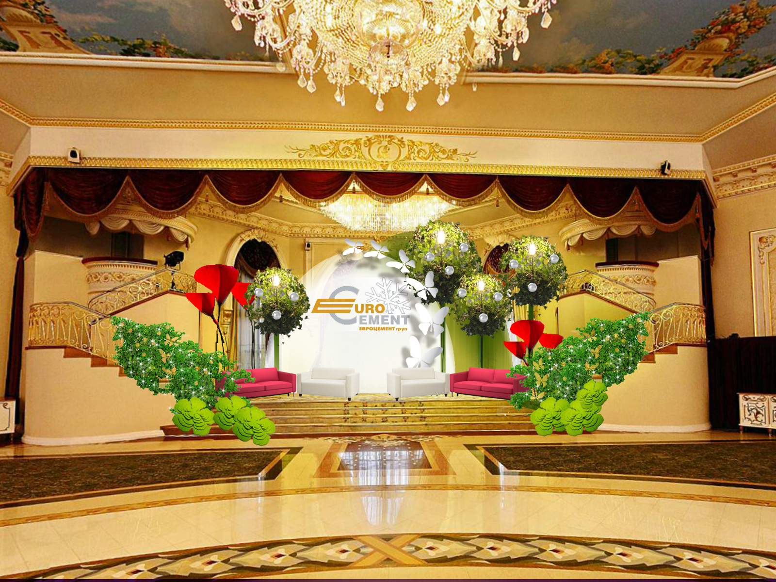 новогоднее оформление зала для корпоратива "Экопарк"