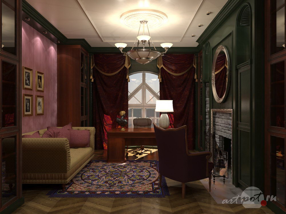 Дизайн и визуализация интерьера загородного дома. 2 варианта кабинета