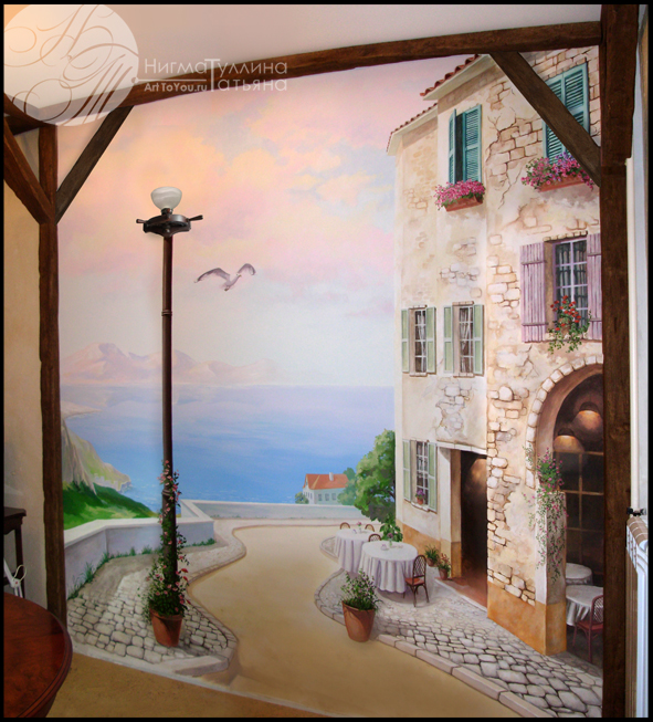 Художественная Роспись на кухне "Улочка с видом на море"