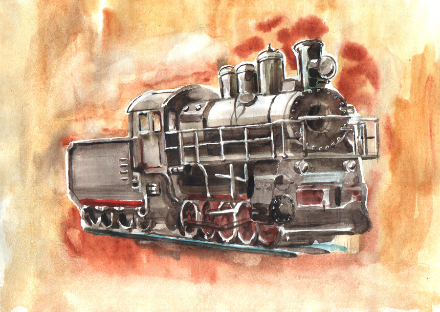 паровоз акварель