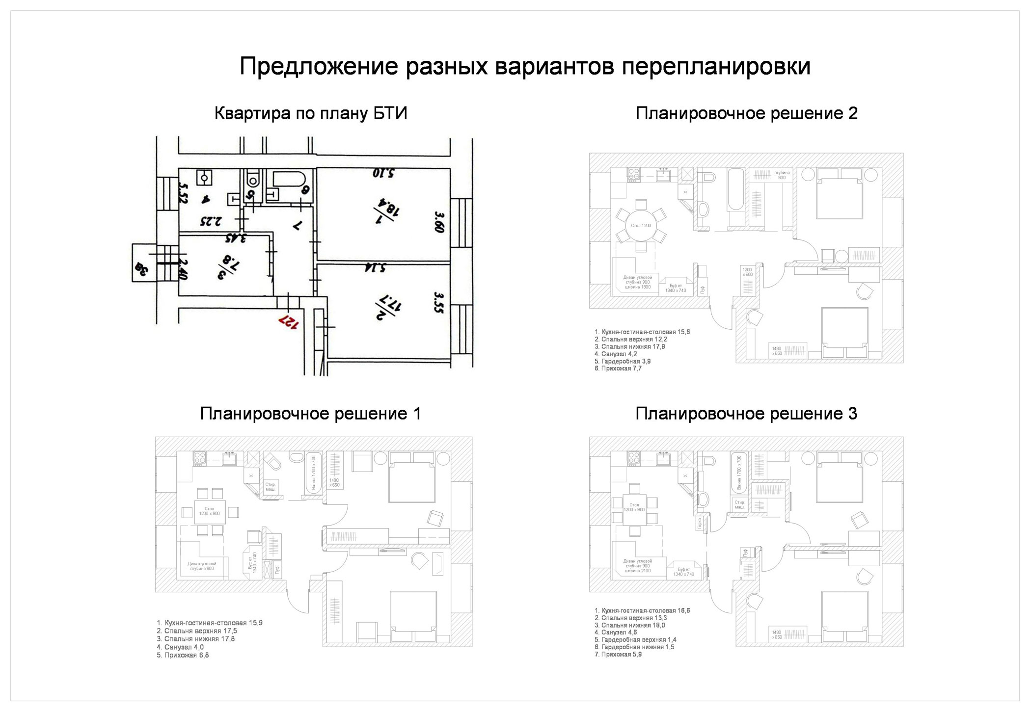 Разные варианты перепланировки квартиры на основании плана БТИ