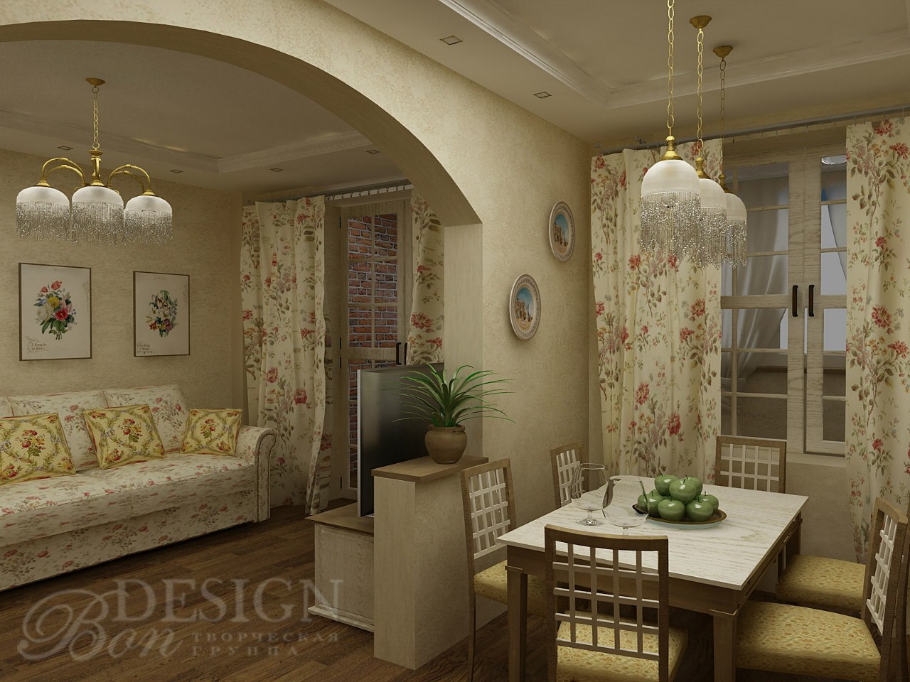 Проект квартиры "Легкое дыхание Прованса". Кухня-гостиная.