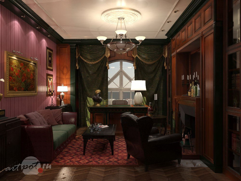 Дизайн и визуализация интерьера загородного дома. 2 варианта кабинета