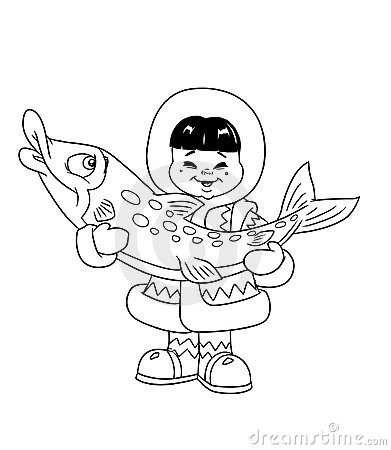 Мальчик эскимос и рыбка - раскраска