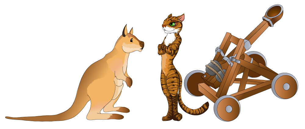 кошак, кенгуру и праща