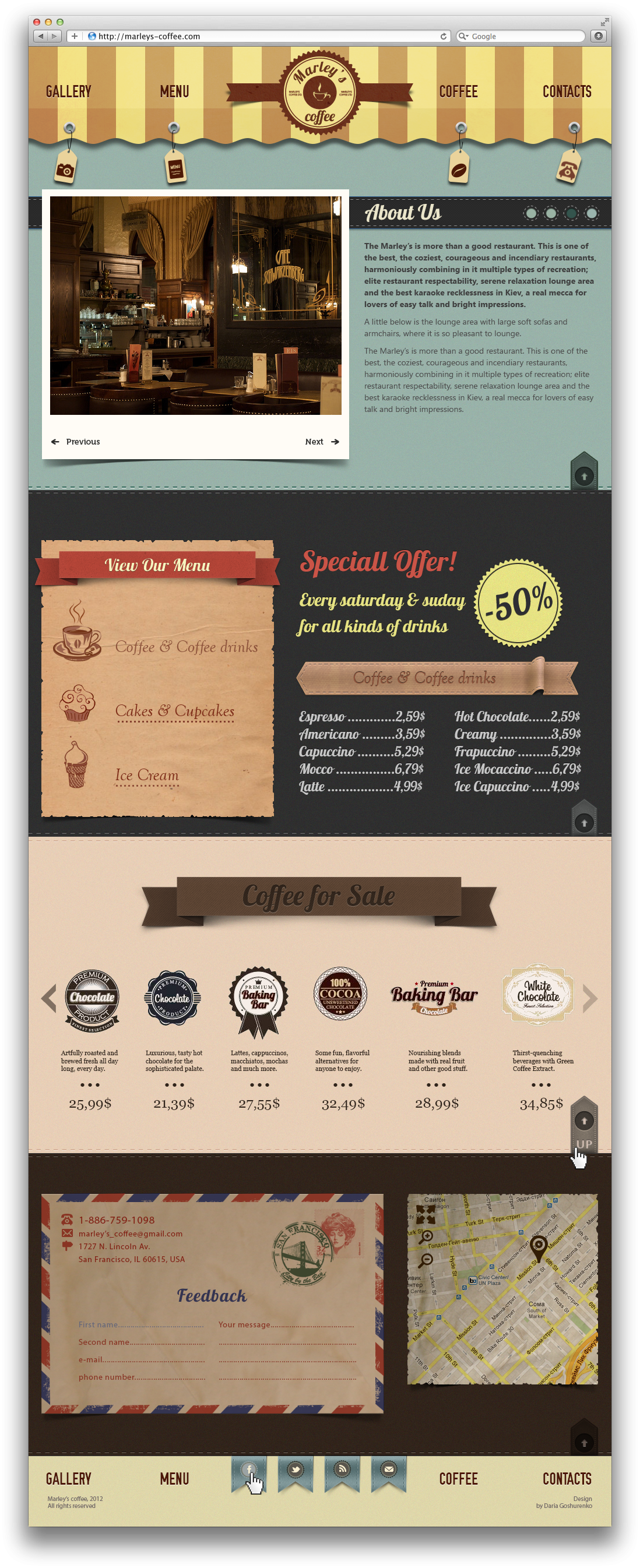 Сайт для сети кофеен в винтажном стиле