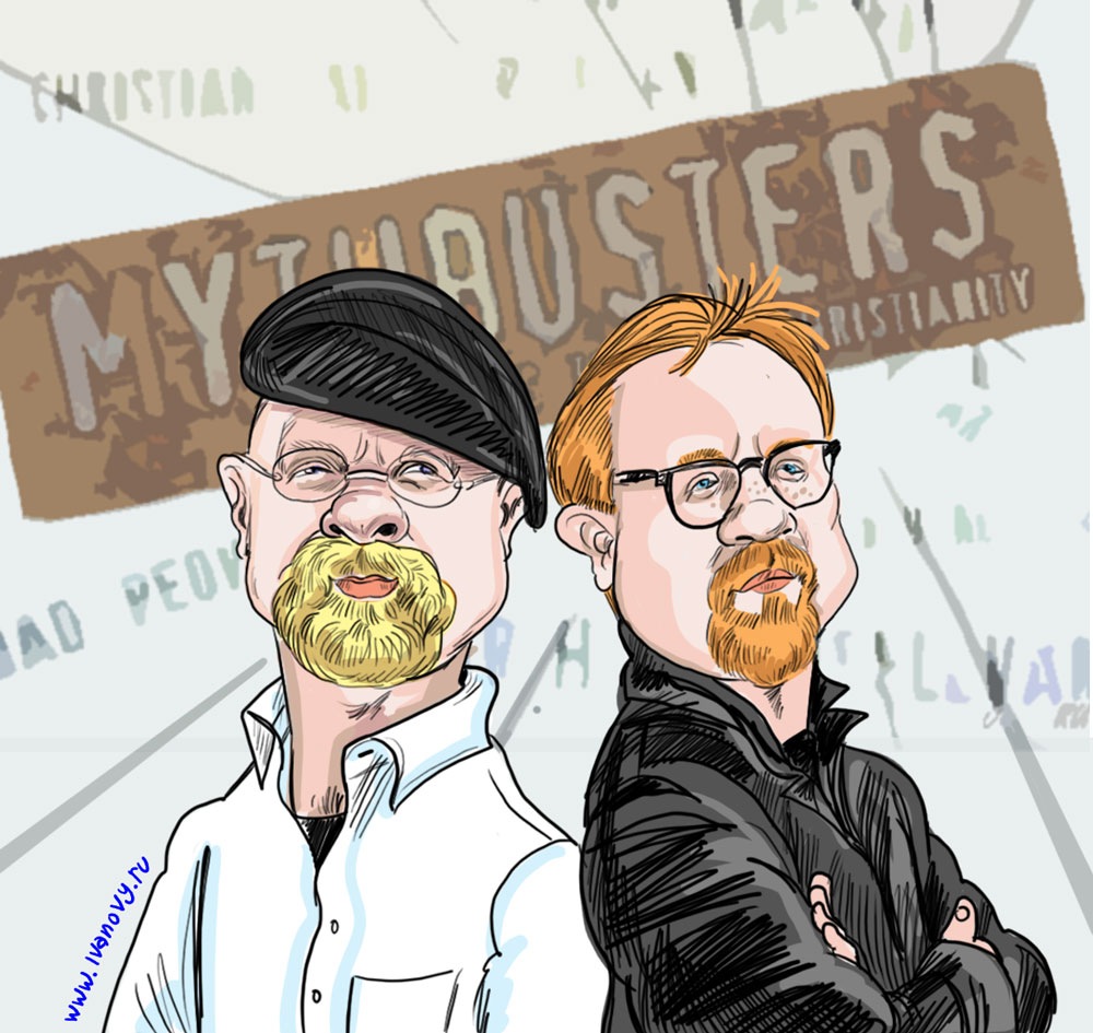 шарж на ведущих"Разрушители мифов" для журнала телепрограмм