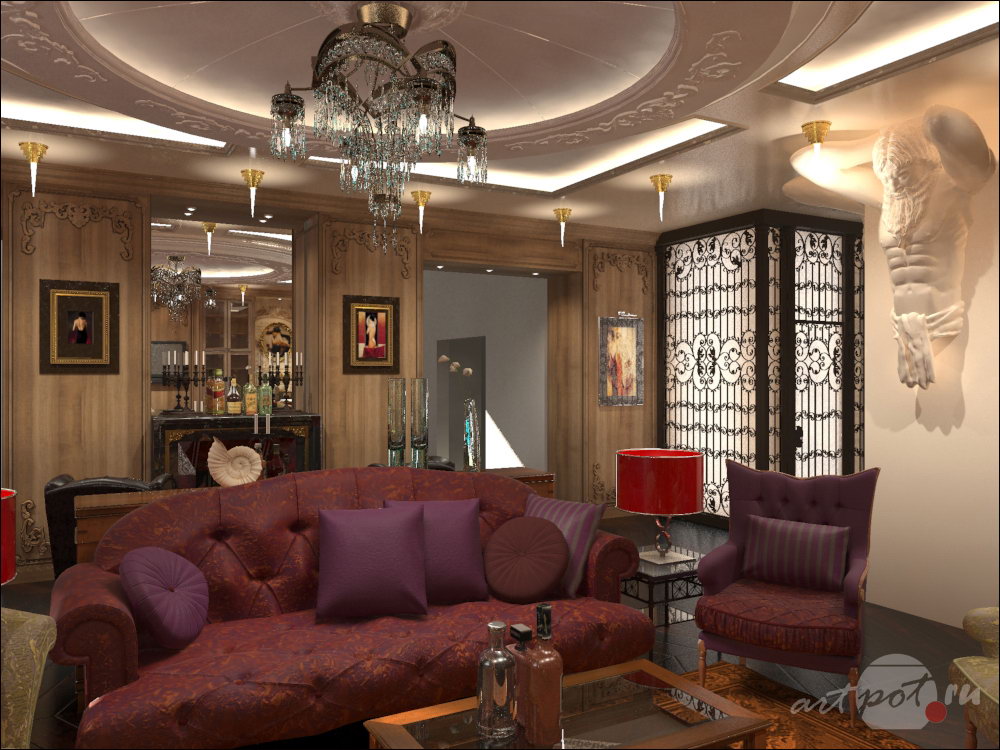 Дизайн и визуализация интерьера таунхауса. Гостиная комната